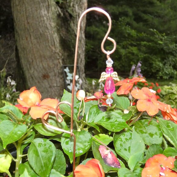 Copper Heart Plant Stake, Indoor or Outdoor Yard Art Pink Angel Embellishment - Picture 3 of 9